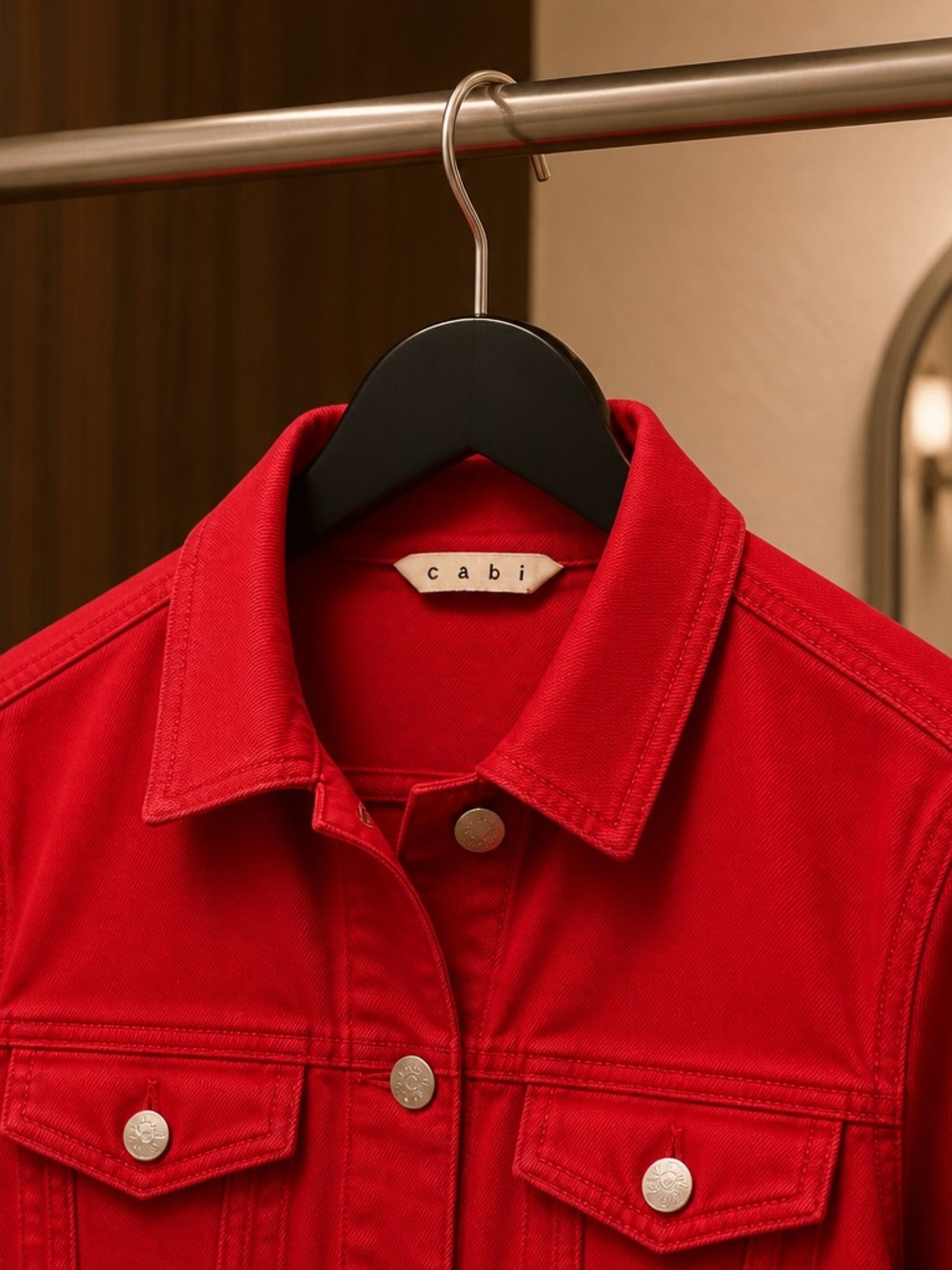 Women's Cabi Red Denim Jacket - Classic Button-Front - Picture 3 of 4